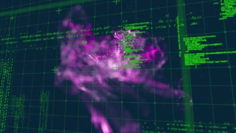 Animation of computer language on grid pattern over smoke pattern against black Stock Footage 233849273
