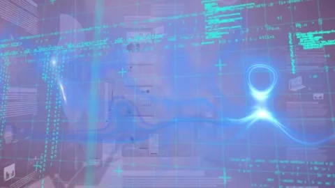 Animation of computer language, illuminated abstract pattern against multiple Stock Footage 245327438