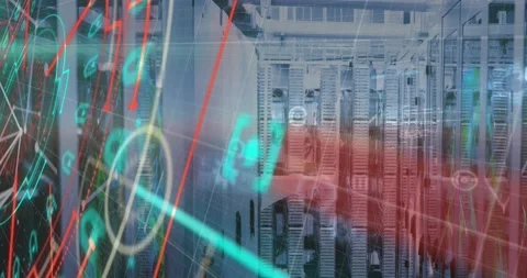 Animation of computer language, loading circles and abstract pattern over server Stock Footage 239435929