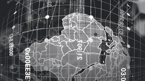 Animation of computer language, molecule structures and grid pattern over globe Stock Footage 314124230