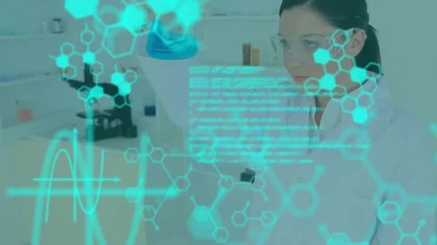 Animation of computer language, molecule structures, caucasian female researcher Stock Footage 328083523