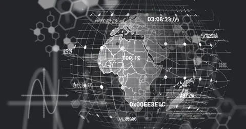 Animation of computer language, molecule structures and grid pattern over globe Stock Footage 330114364