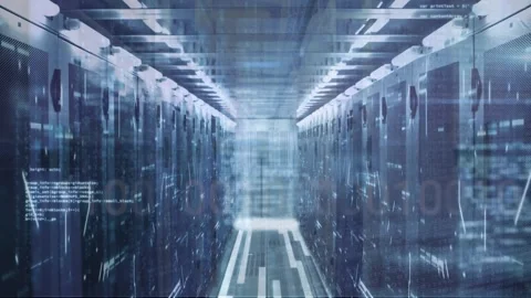 Animation of computer language moving over illuminated network server racks in Stock Footage 326304494