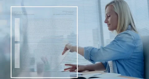 Animation of computer language, numbers, loading bars, caucasian woman working Stock Footage 328524157