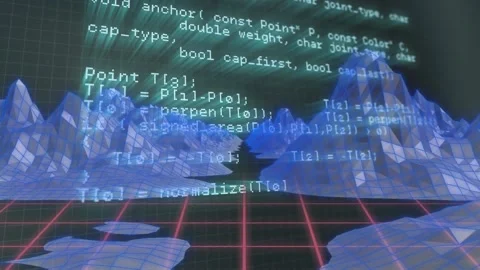 Animation of computer language over 3d model of mountains on grid pattern Stock Footage 233650121