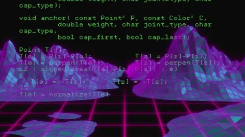 Animation of computer language over 3d model of mountains against black Stock Footage 233650134