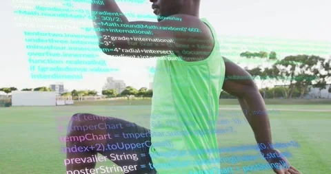 Animation of computer language over african american man doing exercise on Stock Footage 328928162