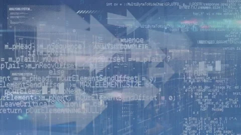 Animation of computer language over arrow, graphs and loading bars against Stock Footage 246530513