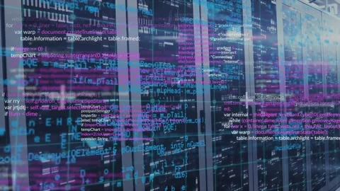 Animation of computer language over bar and lens flares against server room in Stock Footage 328978261