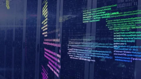 Animation of computer language over binary codes on data server racks in server Stock Footage 250314459