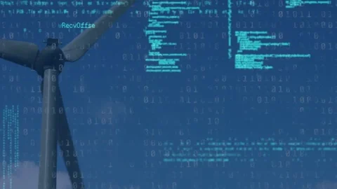 Animation of computer language over binary codes and rotating windmill against Stock Footage 328150562