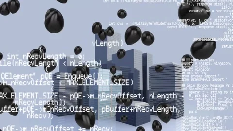 Animation of computer language over black balloons and 3d buildings against Stock Footage 257071605