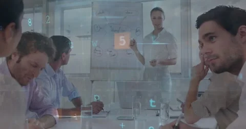 Animation of computer language over caucasian businesswoman explaining project Stock Footage 326631588