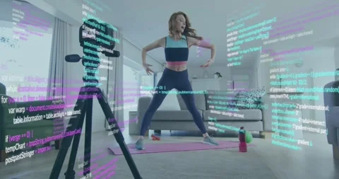 Animation of computer language over caucasian woman recording stretching on Stock Footage 328934596