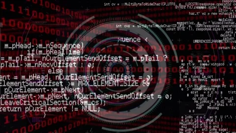Animation of computer language over circles against binary codes on black Stock Footage 246533447