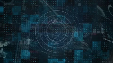 Animation of computer language over circles, loading bars, maps, globe on Stock Footage 329710691