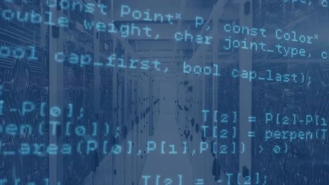 Animation of computer language over circuit board pattern on server racks in Stock Footage 239435178