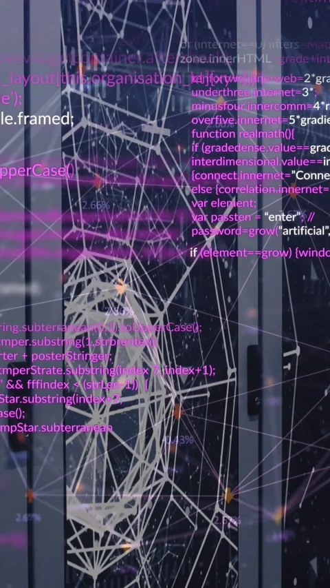 Animation of computer language over connected dots forming globe against server Stock Footage 319222580