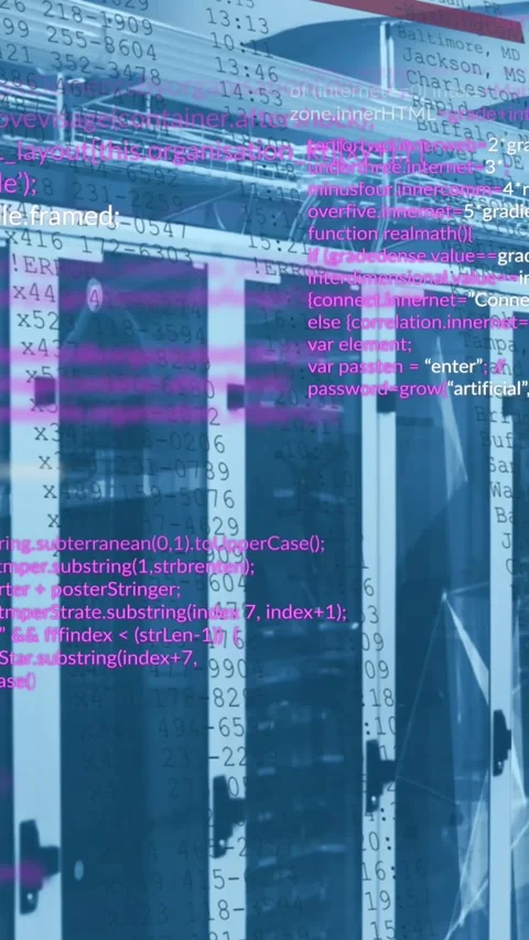 Animation of computer language over connected dots on server racks in server Stock Footage 320983864