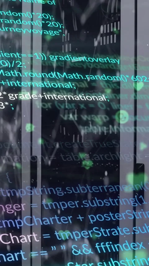 Animation of computer language over connected dots on data server systems in Stock Footage 343682083