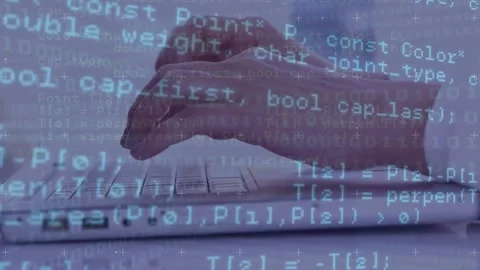 Animation of computer language over cropped hands of caucasian man typing on Stock Footage 326032898