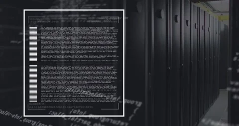 Animation of computer language over data server racks in server room Stock Footage 329499498