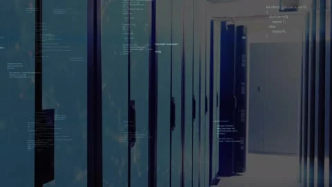Animation of computer language over data server racks in server room Video stock 330108763