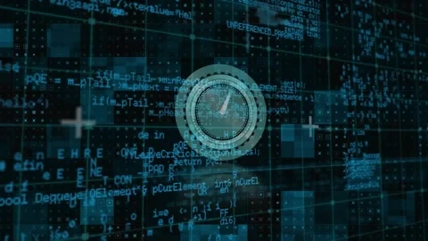 Animation of computer language over digital clock and squares against black Stock Footage 327783502