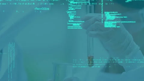 Animation of computer language over diverse scientists putting liquid in test Stock Footage 249326330