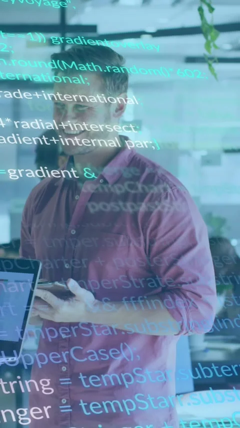 Animation of computer language over diverse coworkers standing and discussing Stock Footage 323578657