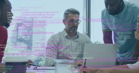 Animation of computer language over diverse coworkers discussing reports on Stock Footage 326758145