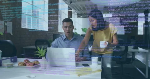 Animation of computer language over diverse coworkers with coffee cup discussing Stock Footage 328408619