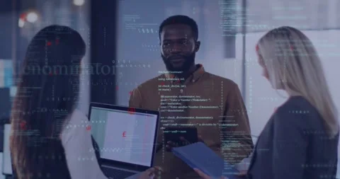 Animation of computer language over diverse coworkers standing and sharing ideas Stock Footage 328589093