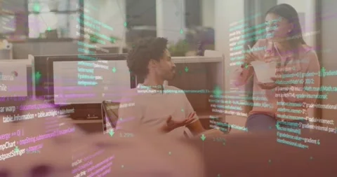 Animation of computer language over diverse coworkers discussing while eating Stock Footage 328712681