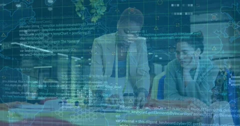 Animation of computer language over diverse female designer discussing clothes Stock Footage 328823632