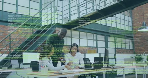 Animation of computer language over diverse coworkers discussing reports on Stock Footage 329697441