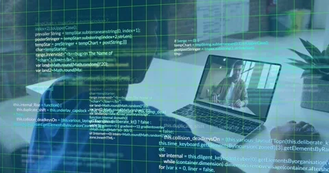 Animation of computer language over diverse coworkers discussing report during Stock Footage 330771932