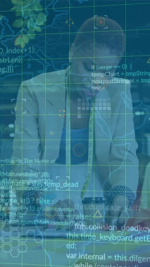 Animation of computer language over diverse female designer discussing clothes Stock Footage 342612264