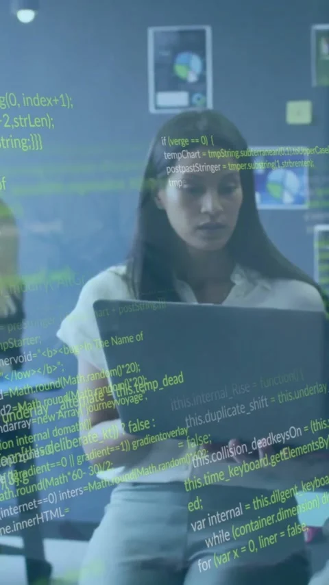 Animation of computer language over diverse coworkers discussing reports on Stock Footage 342811405