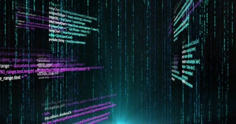 Animation of computer language over falling lines against black background Stock Footage 328251657