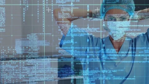 Animation of computer language over female surgery wearing mask to perform Stock Footage 327525987