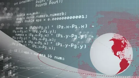 Animation of computer language over globe and hexagons patterns against abstract Stock Footage 327583691