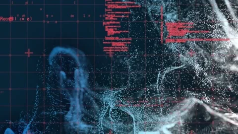 Animation of computer language over grid pattern against abstract pattern on Stock Footage 233849278