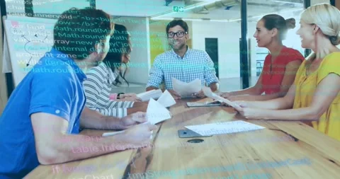 Animation of computer language over happy diverse coworkers throwing papers in Stock Footage 327645001