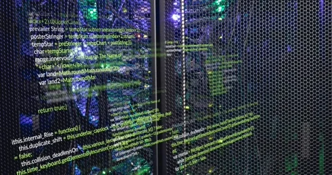 Animation of computer language over illuminated data server systems in data Video stock 328928198