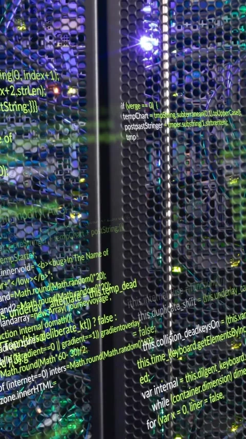 Animation of computer language over illuminated data server systems in data Stock Footage 343082740