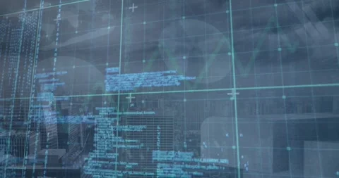 Animation of computer language over infographic interface, modern cityscape Stock Footage 329031996