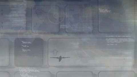Animation of computer language, over keyboard and low angle view of flying plane Stock Footage 325965854