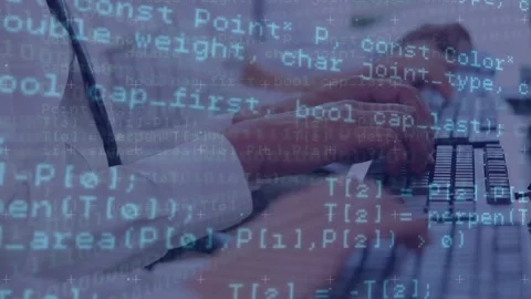 Animation of computer language over midsection of diverse people typing on Stock Footage 328354712