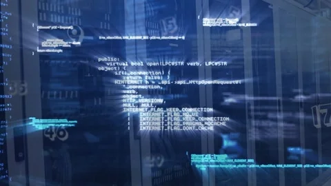 Animation of computer language over numbers against server room in background Stock Footage 330594111